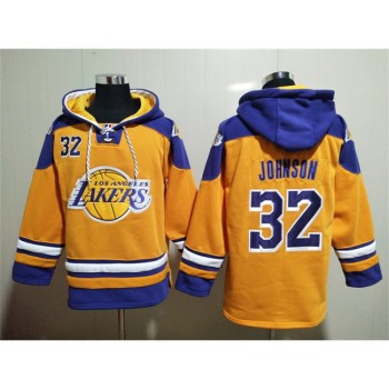 Men's Los Angeles Lakers #32 Magic Johnson Yellow Lace-Up Pullover Hoodie Men's Los Angeles Lakers #32 Magic Johnson Yellow Lace-Up Pullover Hoodie