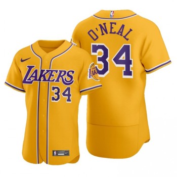 Men's Los Angeles Lakers #34 Shaquille O'Neal 2020 Gold NBA X MLB Crossover Edition Stitched Jersey Men's Los Angeles Lakers #34 Shaquille O'Neal 2020 Gold NBA X MLB Crossover Edition Stitched Jersey
