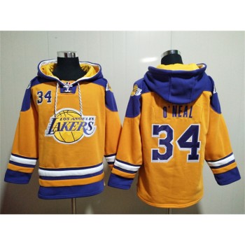 Men's Los Angeles Lakers #34 Shaquille O'Neal Yellow Lace-Up Pullover Hoodie Men's Los Angeles Lakers #34 Shaquille O'Neal Yellow Lace-Up Pullover Hoodie