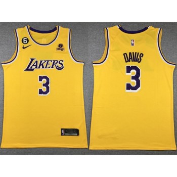 Men's Los Angeles Lakers #3 Anthony Davis Yellow Edition With NO.6 Patch Stitched Basketball Jersey 001