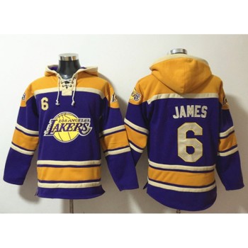 Men's Los Angeles Lakers #6 Lebron James Purple Lace-Up Pullover Hoodie Men's Los Angeles Lakers #6 Lebron James Purple Lace-Up Pullover Hoodie
