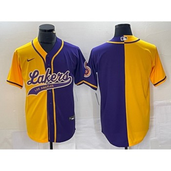 Men's Los Angeles Lakers Blank Gold/Purple Split Cool Base Stitched Baseball Jersey Men's Los Angeles Lakers Blank Gold/Purple Split Cool Base Stitched Baseball Jersey