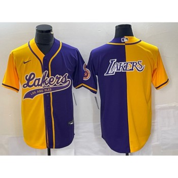 Men's Los Angeles Lakers Gold/Purple Split Team Big Logo Cool Base Stitched Baseball Jersey Men's Los Angeles Lakers Gold/Purple Split Team Big Logo Cool Base Stitched Baseball Jersey