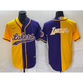 Men's Los Angeles Lakers Gold/Purple Split Team Big Logo Cool Base Stitched Baseball Jersey Men's Los Angeles Lakers Gold/Purple Split Team Big Logo Cool Base Stitched Baseball Jersey