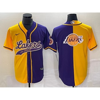 Men's Los Angeles Lakers Gold/Purple Split Team Big Logo Cool Base Stitched Baseball Jersey Men's Los Angeles Lakers Gold/Purple Split Team Big Logo Cool Base Stitched Baseball Jersey