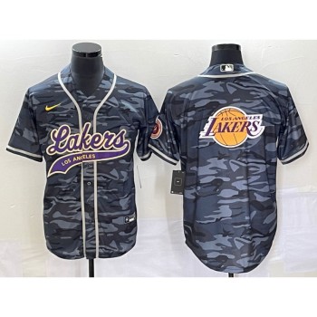 Men's Los Angeles Lakers Team Big Logo Grey Cool Base With Patch Stitched Baseball Jersey Men's Los Angeles Lakers Team Big Logo Grey Cool Base With Patch Stitched Baseball Jersey
