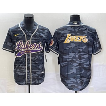 Men's Los Angeles Lakers Team Big Logo Grey Cool Base With Patch Stitched Baseball Jersey Men's Los Angeles Lakers Team Big Logo Grey Cool Base With Patch Stitched Baseball Jersey
