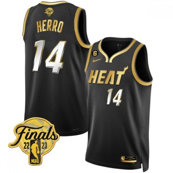 Men's Miami Heat #14 Tyler Herro Black Gold Edition 2023 Finals Collection With NO.6 Patch Stitched Basketball Jersey Men's Miami Heat #14 Tyler Herro Black Gold Edition 2023 Finals Collection With NO.6 Patch Stitched Basketball Jersey