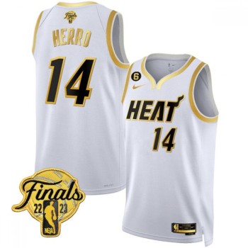 Men's Miami Heat #14 Tyler Herro White Gold Edition 2023 Finals Collection With NO.6 Patch Stitched Basketball Jersey Men's Miami Heat #14 Tyler Herro White Gold Edition 2023 Finals Collection With NO.6 Patch Stitched Basketball Jersey