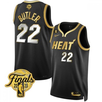 Men's Miami Heat #22 Jimmy Butler Black Gold Edition 2023 Finals Collection With NO.6 Patch Stitched Basketball Jersey Men's Miami Heat #22 Jimmy Butler Black Gold Edition 2023 Finals Collection With NO.6 Patch Stitched Basketball Jersey