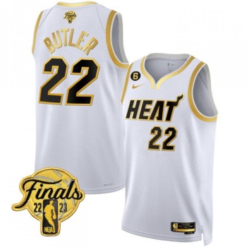 Men's Miami Heat #22 Jimmy Butler White Gold Edition 2023 Finals Collection With NO.6 Patch Stitched Basketball Jersey Men's Miami Heat #22 Jimmy Butler White Gold Edition 2023 Finals Collection With NO.6 Patch Stitched Basketball Jersey