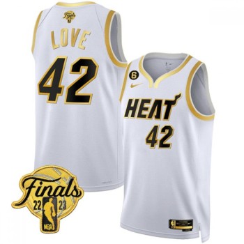 Men's Miami Heat #42 Kevin Love White Gold Edition 2023 Finals Collection With NO.6 Patch Stitched Basketball Jersey Men's Miami Heat #42 Kevin Love White Gold Edition 2023 Finals Collection With NO.6 Patch Stitched Basketball Jersey