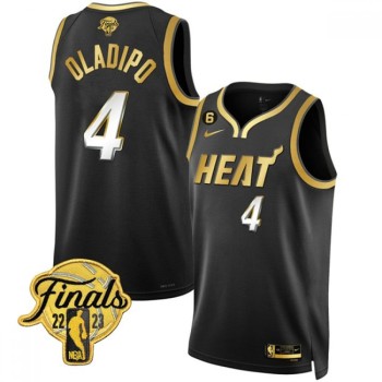 Men's Miami Heat #4 Victor Oladipo Black Gold Edition 2023 Finals Collection With NO.6 Patch Stitched Basketball Jersey Men's Miami Heat #4 Victor Oladipo Black Gold Edition 2023 Finals Collection With NO.6 Patch Stitched Basketball Jersey