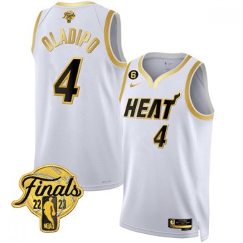 Men's Miami Heat #4 Victor Oladipo White Gold Edition 2023 Finals Collection With NO.6 Patch Stitched Basketball Jersey Men's Miami Heat #4 Victor Oladipo White Gold Edition 2023 Finals Collection With NO.6 Patch Stitched Basketball Jersey