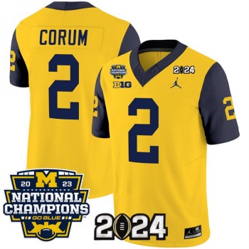 Men's Michigan Wolverines #2 Blake Corum Yellow/Navy 2024 F.U.S.E. With 2023 National Champions Patch Stitched Jersey Men's Michigan Wolverines #2 Blake Corum Yellow/Navy 2024 F.U.S.E. With 2023 National Champions Patch Stitched Jersey