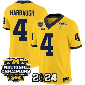 Men's Michigan Wolverines #4 Jim Harbaugh Yellow 2024 F.U.S.E. With 2023 National Champions Patch Stitched Jersey Men's Michigan Wolverines #4 Jim Harbaugh Yellow 2024 F.U.S.E. With 2023 National Champions Patch Stitched Jersey