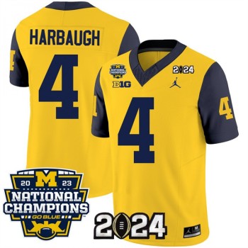 Men's Michigan Wolverines #4 Jim Harbaugh Yellow/Navy 2024 F.U.S.E. With 2023 National Champions Patch Stitched Jersey Men's Michigan Wolverines #4 Jim Harbaugh Yellow/Navy 2024 F.U.S.E. With 2023 National Champions Patch Stitched Jersey