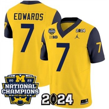 Men's Michigan Wolverines #7 Donovan Edwards Yellow/Navy 2024 F.U.S.E. With 2023 National Champions Patch Stitched Jersey Men's Michigan Wolverines #7 Donovan Edwards Yellow/Navy 2024 F.U.S.E. With 2023 National Champions Patch Stitched Jersey