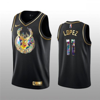 Men's Milwaukee Bucks #11 Brook Lopez 2021/22 Black Golden Edition 75th Anniversary Diamond Logo Stitched Basketball Jersey Men's Milwaukee Bucks #11 Brook Lopez 2021/22 Black Golden Edition 75th Anniversary Diamond Logo Stitched Basketball Jersey