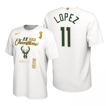 Men's Milwaukee Bucks #11 Brook Lopez 2021 White Finals Champions Locker Room T-Shirt Men's Milwaukee Bucks #11 Brook Lopez 2021 White Finals Champions Locker Room T-Shirt