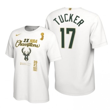 Men's Milwaukee Bucks #17 P.J. Tucker 2021 White Finals Champions Locker Room T-Shirt Men's Milwaukee Bucks #17 P.J. Tucker 2021 White Finals Champions Locker Room T-Shirt
