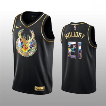 Men's Milwaukee Bucks #21 Jrue Holiday 2021/22 Black Golden Edition 75th Anniversary Diamond Logo Stitched Basketball Jersey Men's Milwaukee Bucks #21 Jrue Holiday 2021/22 Black Golden Edition 75th Anniversary Diamond Logo Stitched Basketball Jersey
