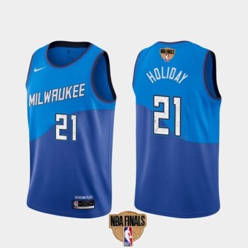 Men's Milwaukee Bucks #21 Jrue Holiday 2021 NBA Finals Blue City Edition Stitched Jersey Men's Milwaukee Bucks #21 Jrue Holiday 2021 NBA Finals Blue City Edition Stitched Jersey