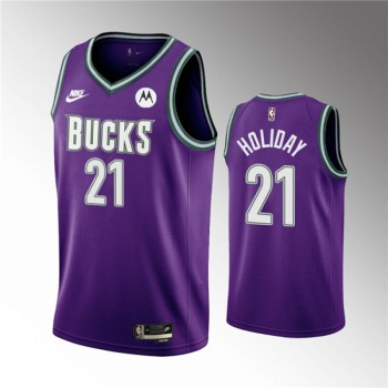 Men's Milwaukee Bucks #21 Jrue Holiday 2022/23 Purple Classic Edition Swingman Stitched Basketball Jersey Men's Milwaukee Bucks #21 Jrue Holiday 2022/23 Purple Classic Edition Swingman Stitched Basketball Jersey