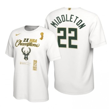 Men's Milwaukee Bucks #22 Khris Middleton 2021 White Finals Champions Locker Room T-Shirt Men's Milwaukee Bucks #22 Khris Middleton 2021 White Finals Champions Locker Room T-Shirt