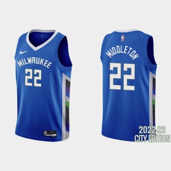 Men's Milwaukee Bucks #22 Khris Middleton 2022-23 Blue City Edition Stitched Basketball Jersey Men's Milwaukee Bucks #22 Khris Middleton 2022-23 Blue City Edition Stitched Basketball Jersey