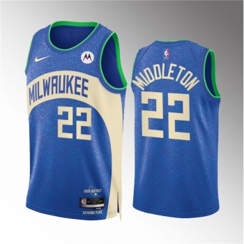 Men's Milwaukee Bucks #22 Khris Middleton 2023/24 Blue City Edition Stitched Basketball Jersey Men's Milwaukee Bucks #22 Khris Middleton 2023/24 Blue City Edition Stitched Basketball Jersey
