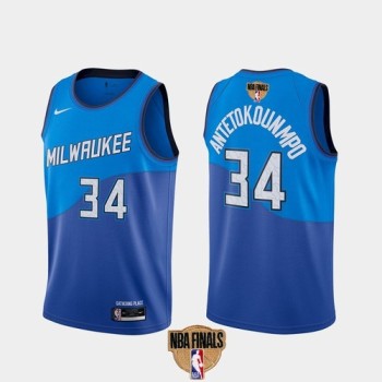 Men's Milwaukee Bucks #34 Giannis Antetokounmpo 2021 NBA Finals Blue City Edition Stitched Jersey Men's Milwaukee Bucks #34 Giannis Antetokounmpo 2021 NBA Finals Blue City Edition Stitched Jersey