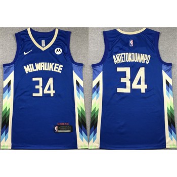 Men's Milwaukee Bucks #34 Giannis Antetokounmpo 2022-23 Blue City Edition Stitched Basketball Jersey Men's Milwaukee Bucks #34 Giannis Antetokounmpo 2022-23 Blue City Edition Stitched Basketball Jersey