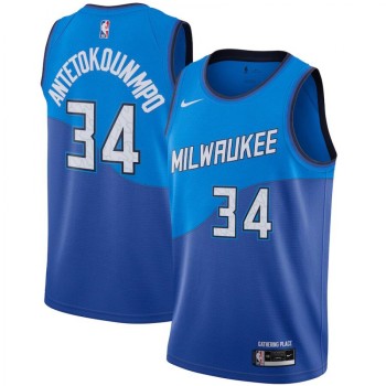 Men's Milwaukee Bucks #34 Giannis Antetokounmpo Blue 2020/21 City Edition Stitched Swingman Jersey Men's Milwaukee Bucks #34 Giannis Antetokounmpo Blue 2020/21 City Edition Stitched Swingman Jersey