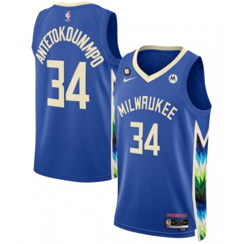 Men's Milwaukee Bucks #34 Giannis Antetokounmpo Blue 2022/23 City Edition With NO.6 Patch Stitched Basketball Jersey Men's Milwaukee Bucks #34 Giannis Antetokounmpo Blue 2022/23 City Edition With NO.6 Patch Stitched Basketball Jersey