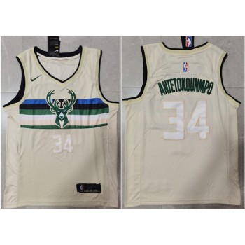 Men's Milwaukee Bucks #34 Giannis Antetokounmpo Cream Stitched Jersey Men's Milwaukee Bucks #34 Giannis Antetokounmpo Cream Stitched Jersey