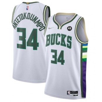 Men's Milwaukee Bucks #34 Giannis Antetokounmpo White 2021/22 75th Anniversary Swingman City Edition Stitched Jersey Men's Milwaukee Bucks #34 Giannis Antetokounmpo White 2021/22 75th Anniversary Swingman City Edition Stitched Jersey