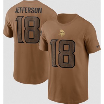 Men's Minnesota Vikings #18 Justin Jefferson 2023 Brown Salute To Service Name & Number T-Shirt