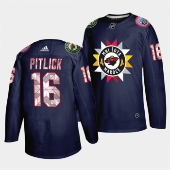 Men's Minnesota Wild #16 Rem Pitlick 2021/22 Navy Native American Heritage Day Stitched Jersey Men's Minnesota Wild #16 Rem Pitlick 2021/22 Navy Native American Heritage Day Stitched Jersey
