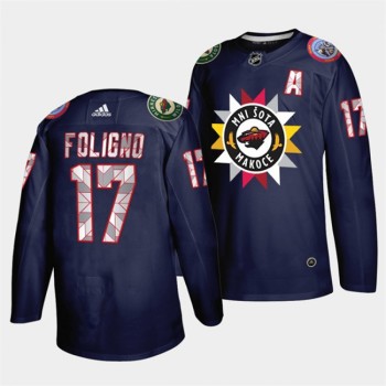 Men's Minnesota Wild #17 Marcus Foligno 2021/22 Navy Native American Heritage Day Stitched Jersey Men's Minnesota Wild #17 Marcus Foligno 2021/22 Navy Native American Heritage Day Stitched Jersey