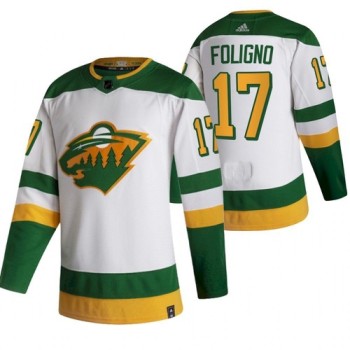 Men's Minnesota Wild #17 Marcus Foligno 2021 White Reverse Retro Stitched Jersey Men's Minnesota Wild #17 Marcus Foligno 2021 White Reverse Retro Stitched Jersey