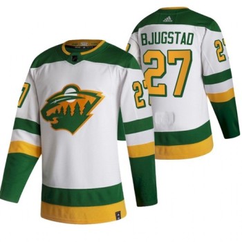 Men's Minnesota Wild #27 Nick Bjugstad 2021 White Reverse Retro Stitched Jersey Men's Minnesota Wild #27 Nick Bjugstad 2021 White Reverse Retro Stitched Jersey