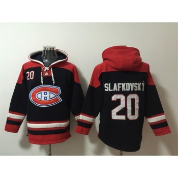 Men's Montreal Canadiens #20 Juraj Slafkovsky Navy/Red Lace-Up Pullover Hoodie Men's Montreal Canadiens #20 Juraj Slafkovsky Navy/Red Lace-Up Pullover Hoodie