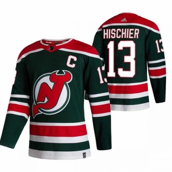 Men's New Jersey Devils #13 Nico Hischier 2021 Green Reverse Retro Stitched NHL Jersey Men's New Jersey Devils #13 Nico Hischier 2021 Green Reverse Retro Stitched NHL Jersey