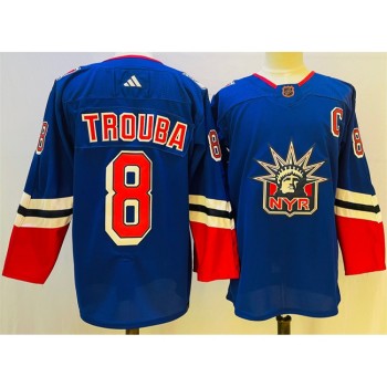 Men's New York Rangers #8 Jacob Trouba Blue 2022-23 Reverse Retro Stitched Jersey Men's New York Rangers #8 Jacob Trouba Blue 2022-23 Reverse Retro Stitched Jersey