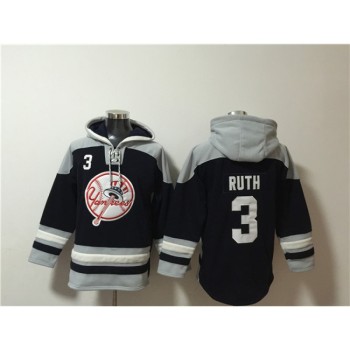 Men's New York Yankees #3 Babe Ruth Black/Grey Ageless Must-Have Lace-Up Pullover Hoodie Men's New York Yankees #3 Babe Ruth Black/Grey Ageless Must-Have Lace-Up Pullover Hoodie