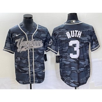 Men's New York Yankees #3 Babe Ruth Gray Camo With Patch Cool Base Stitched Baseball Jersey Men's New York Yankees #3 Babe Ruth Gray Camo With Patch Cool Base Stitched Baseball Jersey