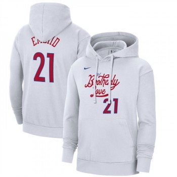 Men's Philadelphia 76ers #21 Joel Embiid White 2022/23 City Edition Name & Number Essential Pullover Hoodie Men's Philadelphia 76ers #21 Joel Embiid White 2022/23 City Edition Name & Number Essential Pullover Hoodie
