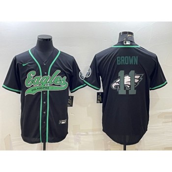 Men's Philadelphia Eagles #11 A. J. Brown Black Team Big Logo With Patch Cool Base Stitched Baseball Jersey Men's Philadelphia Eagles #11 A. J. Brown Black Team Big Logo With Patch Cool Base Stitched Baseball Jersey