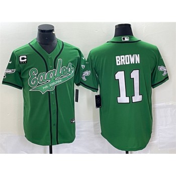 Men's Philadelphia Eagles #11 A. J. Brown Green With 3-star C Patch Cool Base Stitched Baseball Jersey Men's Philadelphia Eagles #11 A. J. Brown Green With 3-star C Patch Cool Base Stitched Baseball Jersey